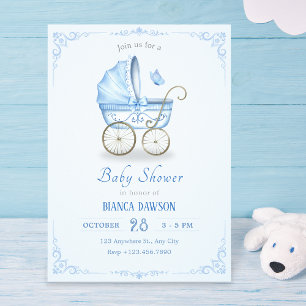 Pastel blauw zacht baby kinderwagen baby shower kaart