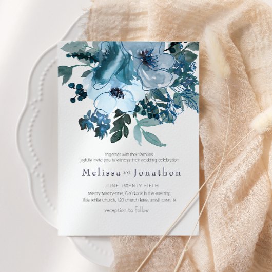 Pastel Blauwe Aquarel Rozen Bruiloft Kaart