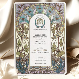 Pastel Blauwe Bloemen Art Nouveau Huwelijk Kaart