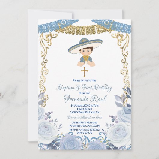 Pastel Blauwe Bloemen Fiesta Doop en Verjaardag Kaart (Voorkant)