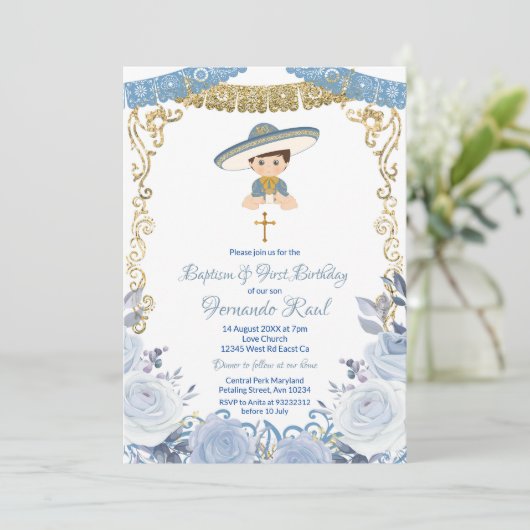 Pastel Blauwe Bloemen Fiesta Doop en Verjaardag Kaart (Staand voorkant)