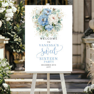 Pastel Blauwe Bloemen Gouden Sweet Sixteen Welkom Poster