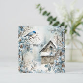 Pastel Blauwe Bloemen Vogel Oud Huis Kerstmis Feestdagenkaart (Staand voorkant)
