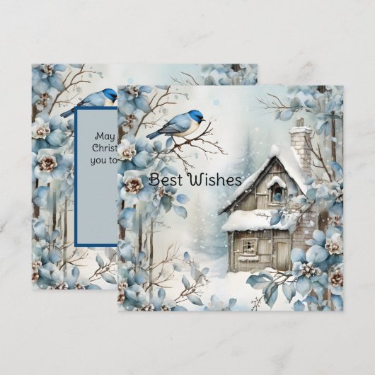 Pastel Blauwe Bloemen Vogel Oude Huis Kerstmis Feestdagenkaart (Voorkant / Achterkant)