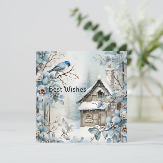 Pastel Blauwe Bloemen Vogel Oude Huis Kerstmis Feestdagenkaart (Staand voorkant)