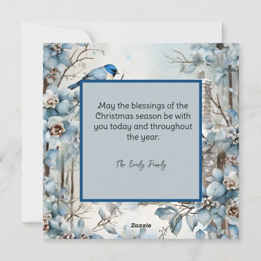Pastel Blauwe Bloemen Vogel Oude Huis Kerstmis Feestdagenkaart (Achterkant)