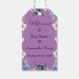 Pastel blauwe bloemenknoppen paarse seringen baby  cadeaulabel