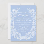 Pastel blauwe bloemenkrans ooit na feest bruiloft kaart (Voorkant)