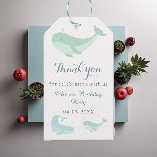 Pastel Blauwe Groene Whale Dank u voor de Birthday Cadeaulabel