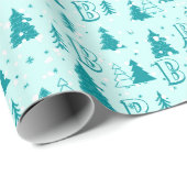 Pastel Blauwe Kerstboom Aangepast monogram Elegant Cadeaupapier (Rol Hoek)