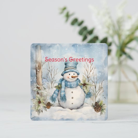 Pastel Blauwe Sneeuwman Pine Kegels Holly Winter S Feestdagenkaart (Staand voorkant)