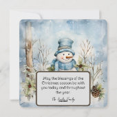 Pastel Blauwe Sneeuwman Pine Kegels Holly Winter S Feestdagenkaart (Achterkant)