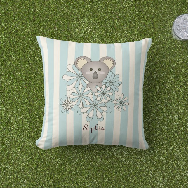 Pastel Blauwe Streep Schattige Baby Koala Beer Kin Buitenkussen (Gras)