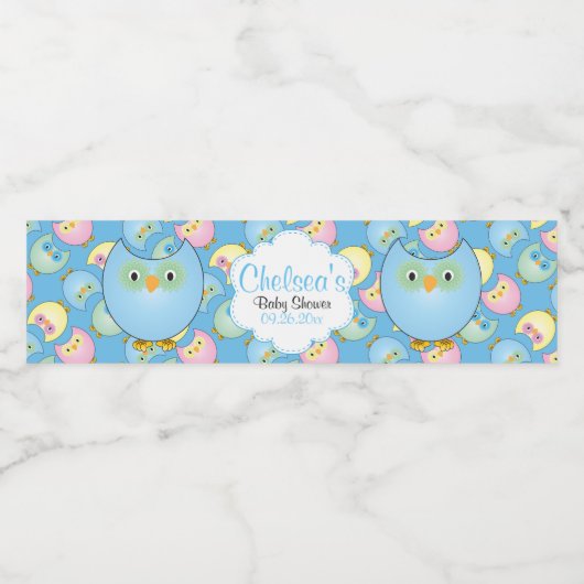 Pastel Blauwe Uil Baby Jongen Douche Thema Waterfles Etiket (Enkel label)