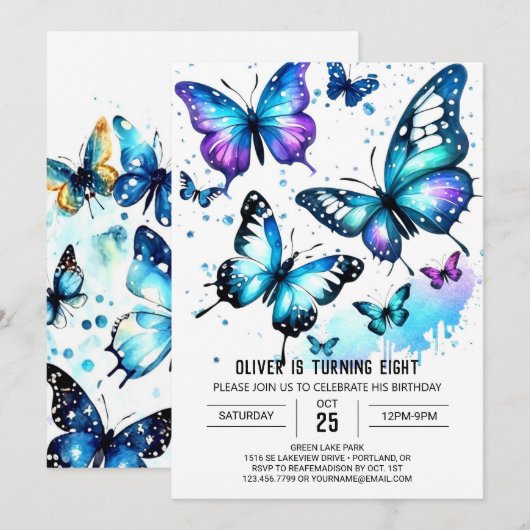 Pastel Blauwe Vlinder Jongen Verjaardag Kaart (Voorkant / Achterkant)