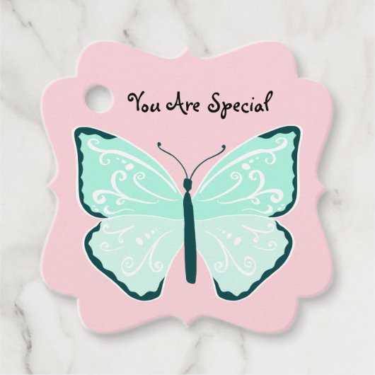 Pastel Blauwe Vlinders op  Lichtroze Bedankjes Labels (Voorkant)