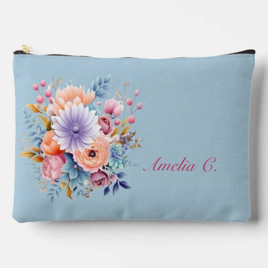Pastel Blauwe Waterverf Bloemen Cosmetische Tas (Voorkant)