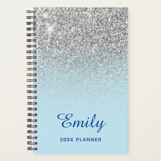 Pastel Blauwe Zilveren Glitter Ombre Persoonlijk Planner (Voorkant)