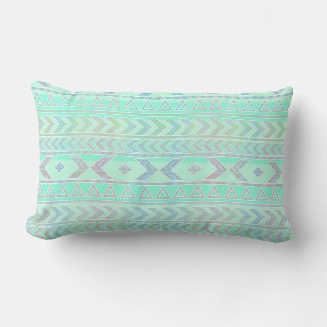 Pastel Blauwgroen Aztec Art Style Patroon Kussen (Voorkant)