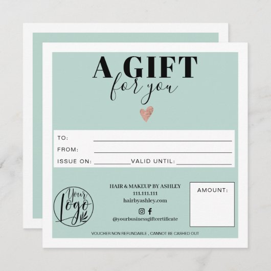 Pastel blauwgroen blauw vierkant cadeauboncertific (Voorkant / Achterkant)