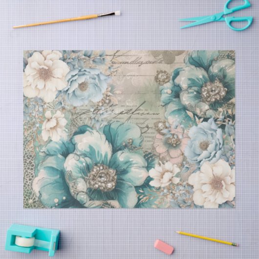 Pastel Blauwgroen & Blauwe Waterverf Bloemen Tissu Tissuepapier (Craft)