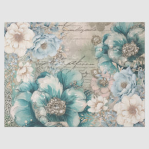 Pastel Blauwgroen & Blauwe Waterverf Bloemen Tissu Tissuepapier