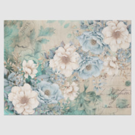Pastel Blauwgroen & Blauwe Waterverf Bloemen Tissu Tissuepapier
