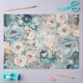 Pastel Blauwgroen & Blauwe Waterverf Bloemen Tissu Tissuepapier (Craft)