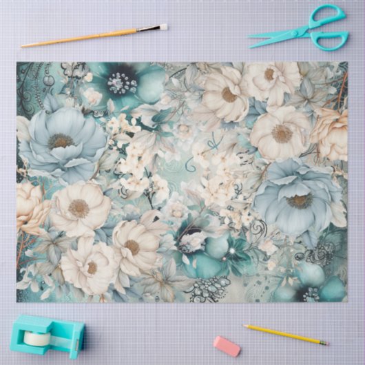 Pastel Blauwgroen & Blauwe Waterverf Bloemen Tissu Tissuepapier (Craft)