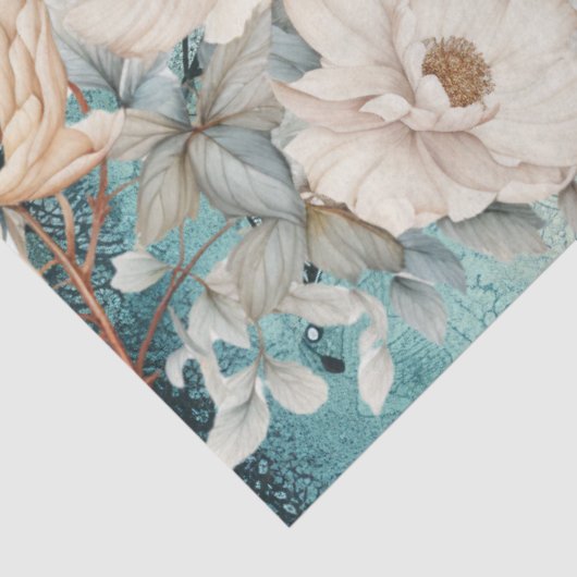 Pastel Blauwgroen & Blauwe Waterverf Bloemen Tissu Tissuepapier (Detail)