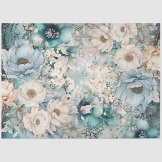Pastel Blauwgroen & Blauwe Waterverf Bloemen Tissu Tissuepapier (Voorkant)