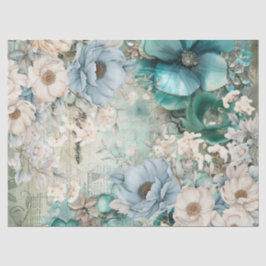 Pastel Blauwgroen & Blauwe Waterverf Bloemen Tissu Tissuepapier