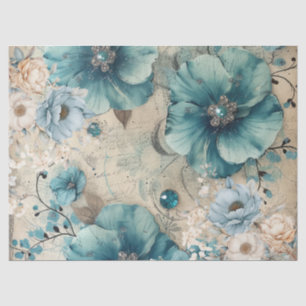 Pastel Blauwgroen & Blauwe Waterverf Bloemen Tissu Tissuepapier