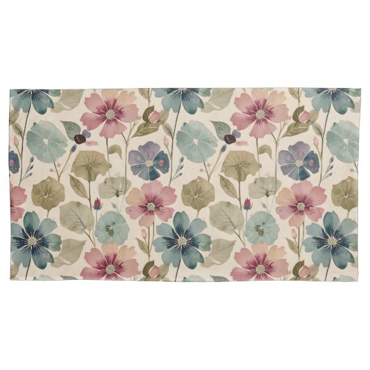 Pastel Blauwgroen en Mauve Flowers  Modern Kussensloop (Voorkant)