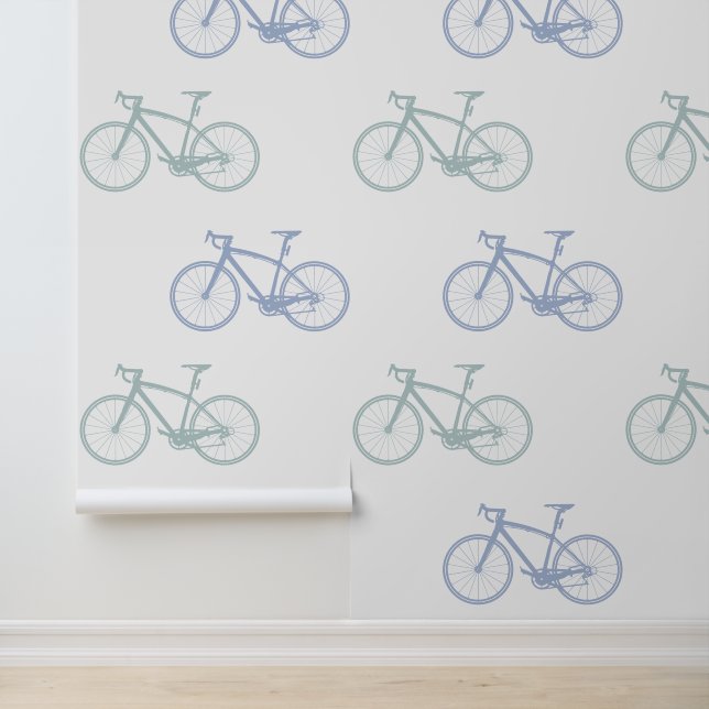 Pastel blauwgroen en wit elegante antieke fiets behang (Applicatie)