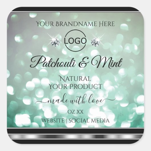 Pastel Blauwgroen Glitter Product Labels diamanten (Voorkant)