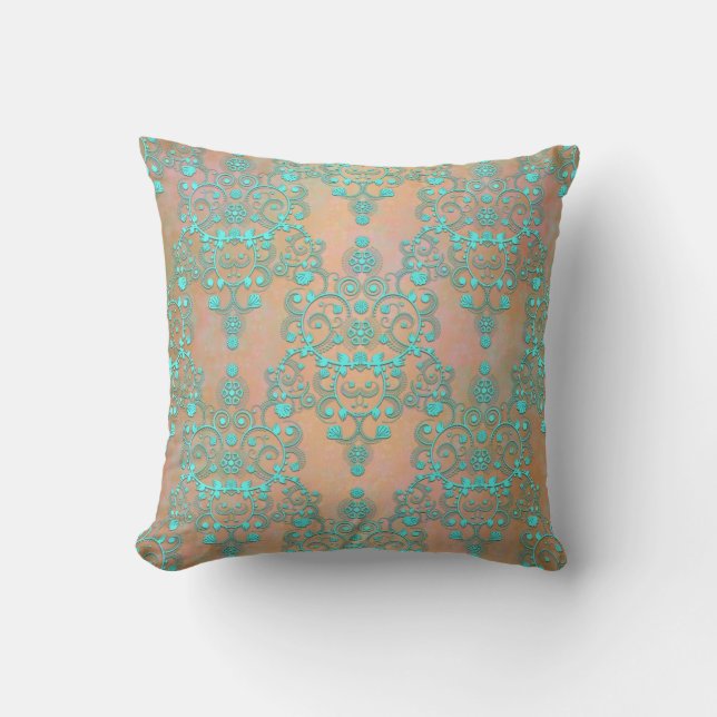 Pastel Blauwgroen over Peachy Gold Fancy Damask Kussen (Voorkant)