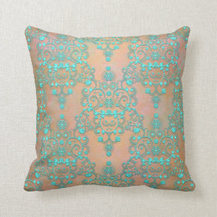 Pastel Blauwgroen over Peachy Gold Fancy Damask Kussen