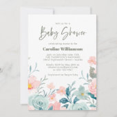Pastel Blauwgroen Roze Floral Cute Script Baby sho Kaart (Voorkant)