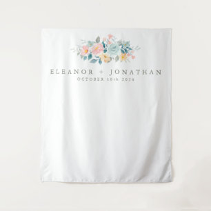 Pastel Blauwgroen Roze Waterverf Floral Aangepast  Wandkleed