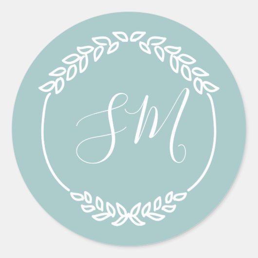 Pastel Blauwgroen Wit Bladkrans Monogram Bruiloft Ronde Sticker (Voorkant)
