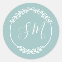 Pastel Blauwgroen Wit Bladkrans Monogram Bruiloft