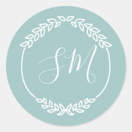 Pastel Blauwgroen Wit Bladkrans Monogram Bruiloft Ronde Sticker