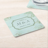 Pastel Blauwgroen Witte Bloemen bruiloft Kartonnen Onderzetters (Schuin)