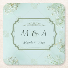 Pastel Blauwgroen Witte Bloemen bruiloft Kartonnen Onderzetters