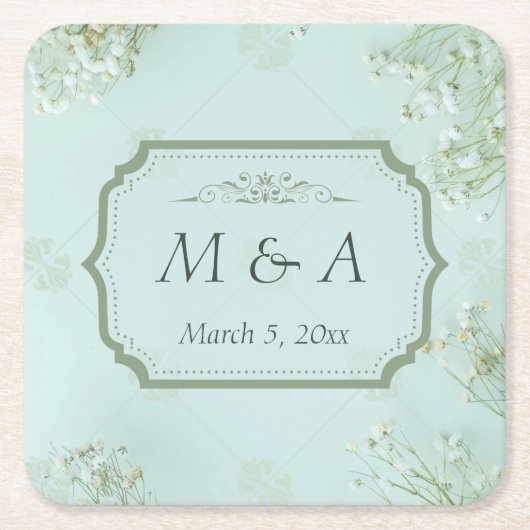 Pastel Blauwgroen Witte Bloemen bruiloft Kartonnen Onderzetters (Voorkant)