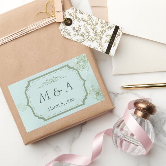 Pastel Blauwgroen Witte Bloemen bruiloft Rechthoekige Sticker (Geschenken)