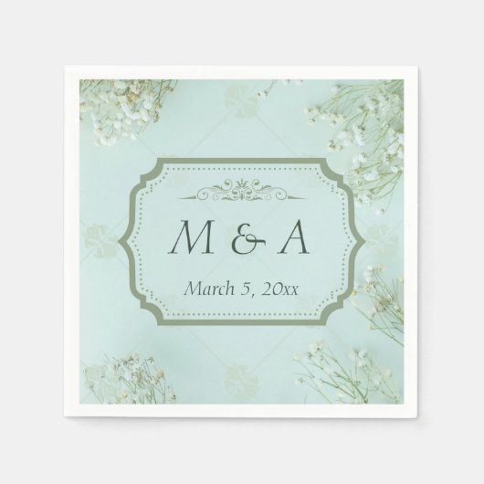 Pastel Blauwgroen Witte Bloemen bruiloft Servet (Voorkant)