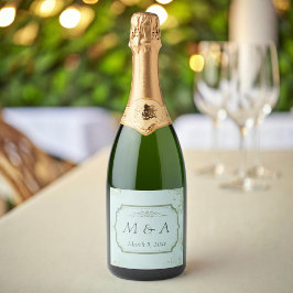 Pastel Blauwgroen Witte Bloemen bruiloft Sparkling Wijnetiket