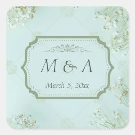 Pastel Blauwgroen Witte Bloemen bruiloft Vierkante Sticker